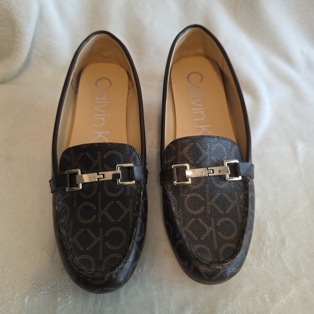 Calvin Klein Women's Logo Loafers‎ Slip-On Flats Monogram CK Brown Size 7.5M